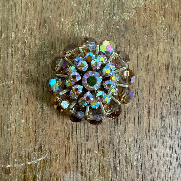 Vintage Transparent Brown AB Crystal Prong Set Rivet Bead Brooch Jewelry - Picture 1 of 4